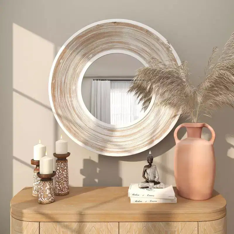 Specchio da parete rotondo crema da 35", cornice in legno sbiancato, 1 pezzo