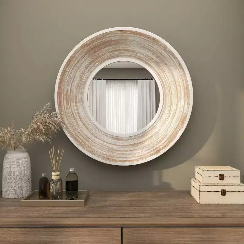 Specchio da parete rotondo crema da 35", cornice in legno sbiancato, 1 pezzo