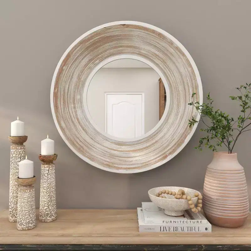 Specchio da parete rotondo crema da 35", cornice in legno sbiancato, 1 pezzo