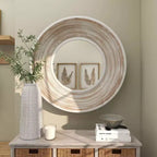 Specchio da parete rotondo crema da 35", cornice in legno sbiancato, 1 pezzo