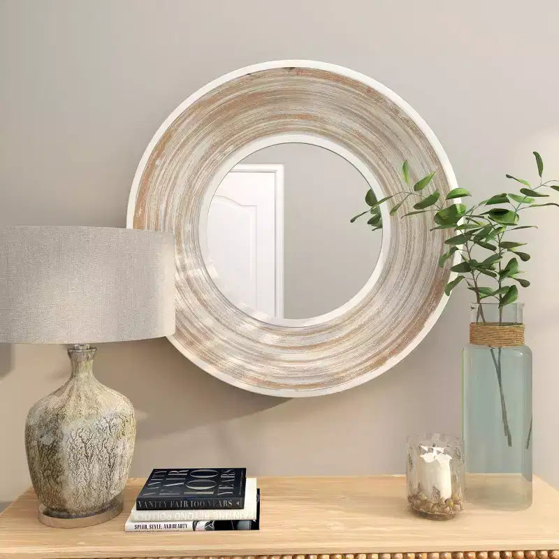 Specchio da parete rotondo crema da 35", cornice in legno sbiancato, 1 pezzo