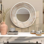 Specchio da parete rotondo crema da 35", cornice in legno sbiancato, 1 pezzo