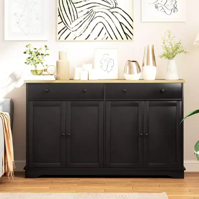 Credenza da buffet con 4 ante, 2 cassetti e ripiani regolabili – Nero / Grigio / Bianco