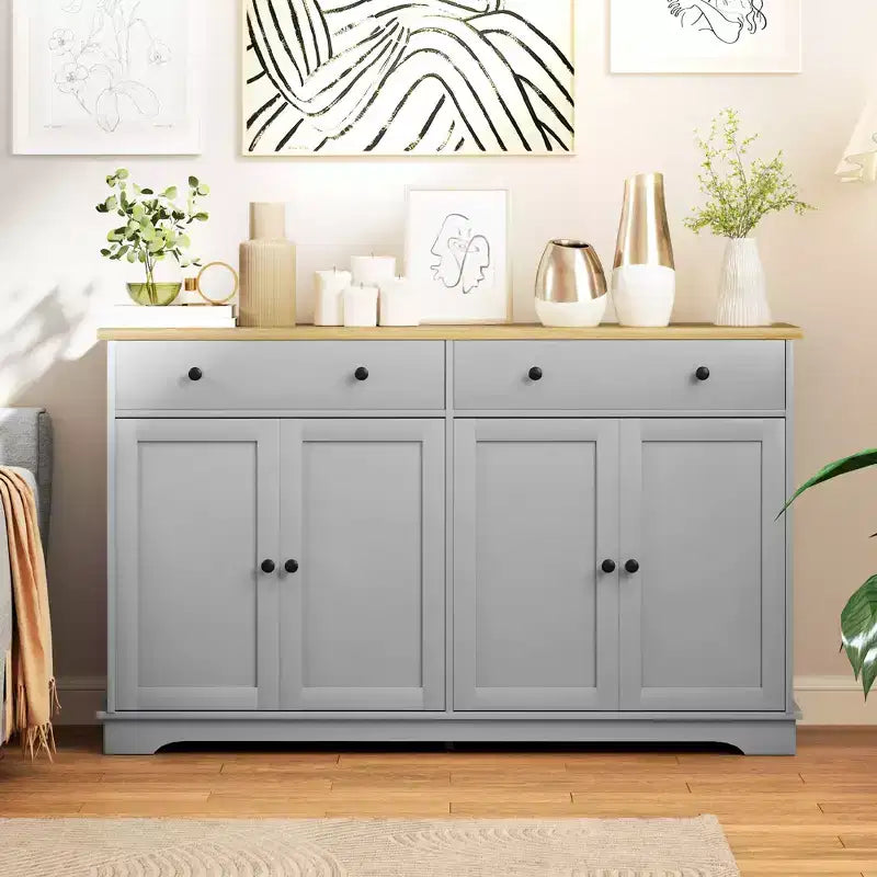 Credenza da buffet con 4 ante, 2 cassetti e ripiani regolabili – Nero / Grigio / Bianco