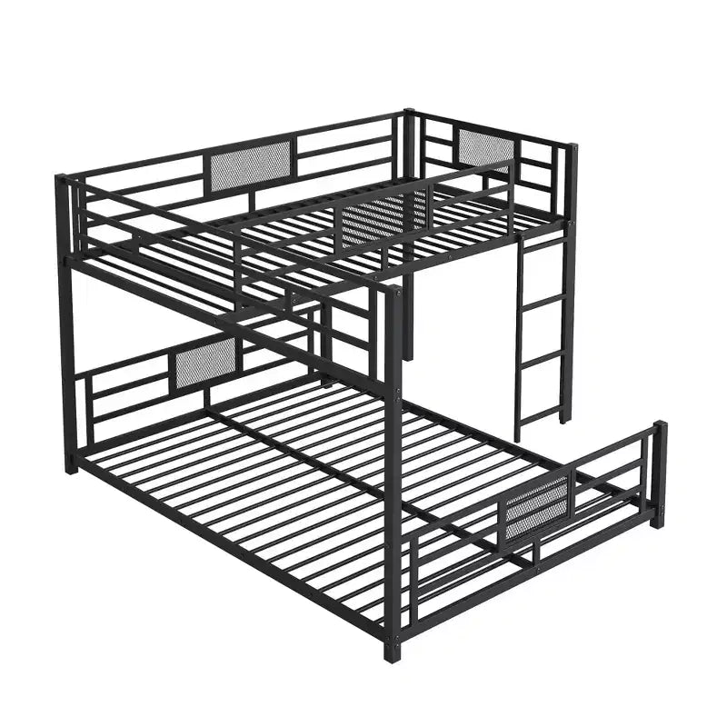 Letto a Castello in Metallo Nero a L, una Piazza e Mezza, con Scaletta e Ringhiera, 2 Posti