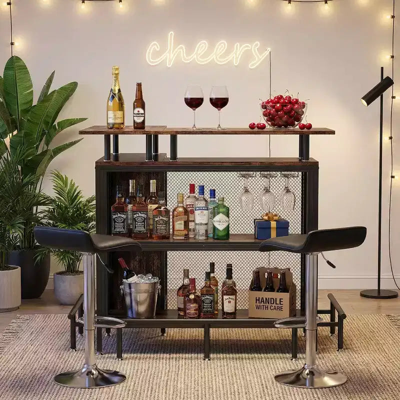 Mobile bar angolare a L marrone, 4 posti, metallo e MDF