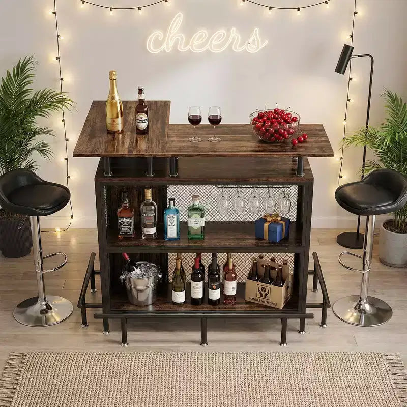 Mobile bar angolare a L marrone, 4 posti, metallo e MDF