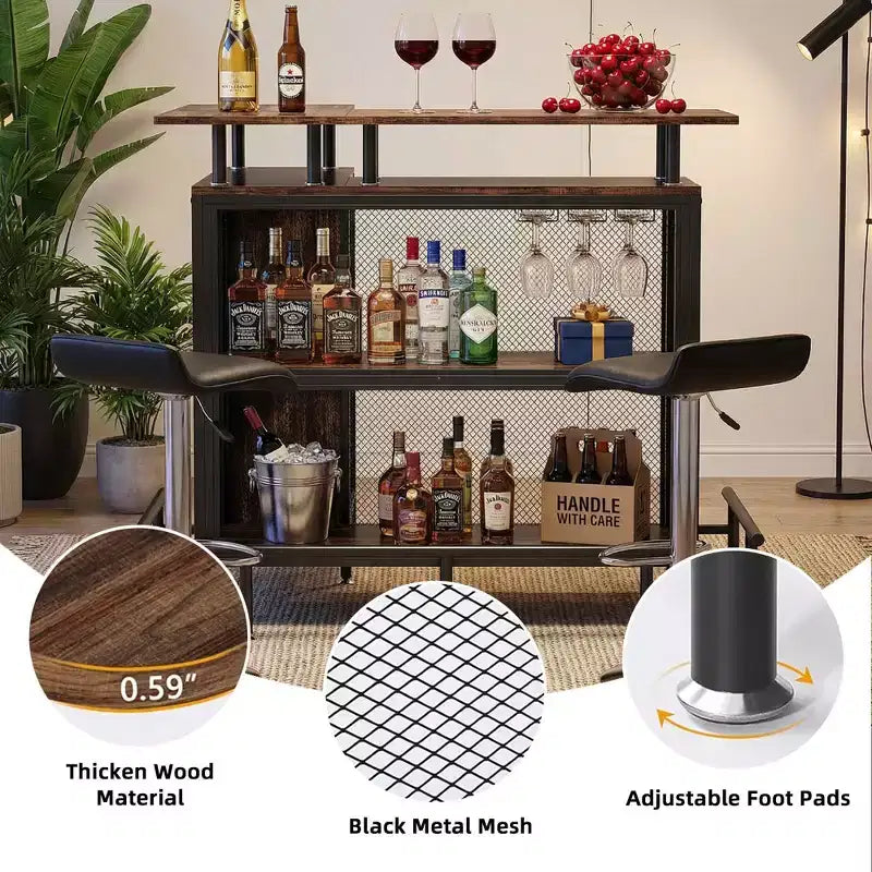 Mobile bar angolare a L marrone, 4 posti, metallo e MDF