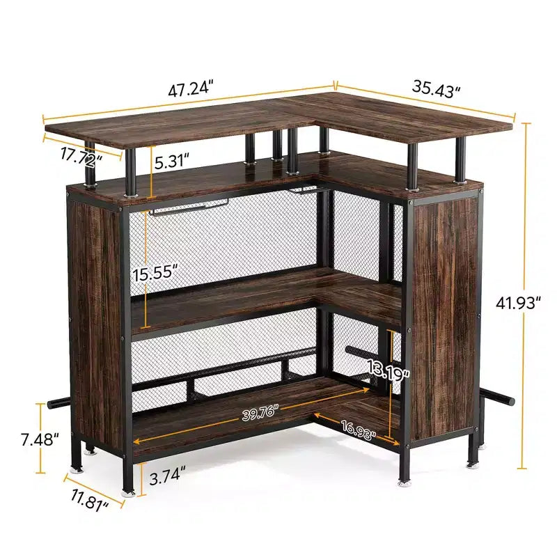 Mobile bar angolare a L marrone, 4 posti, metallo e MDF