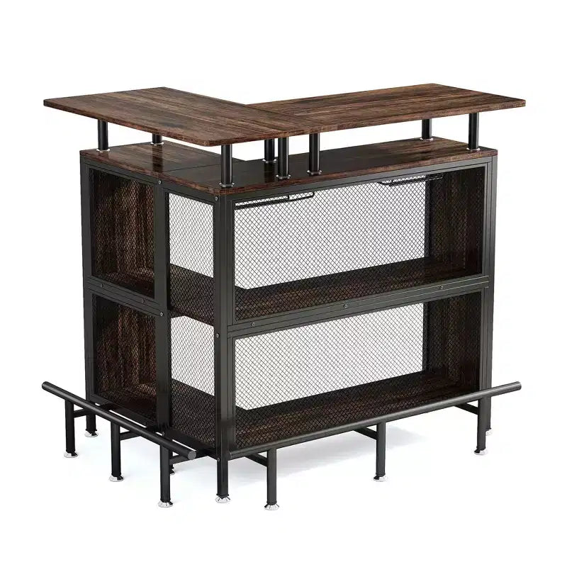 Mobile bar angolare a L marrone, 4 posti, metallo e MDF