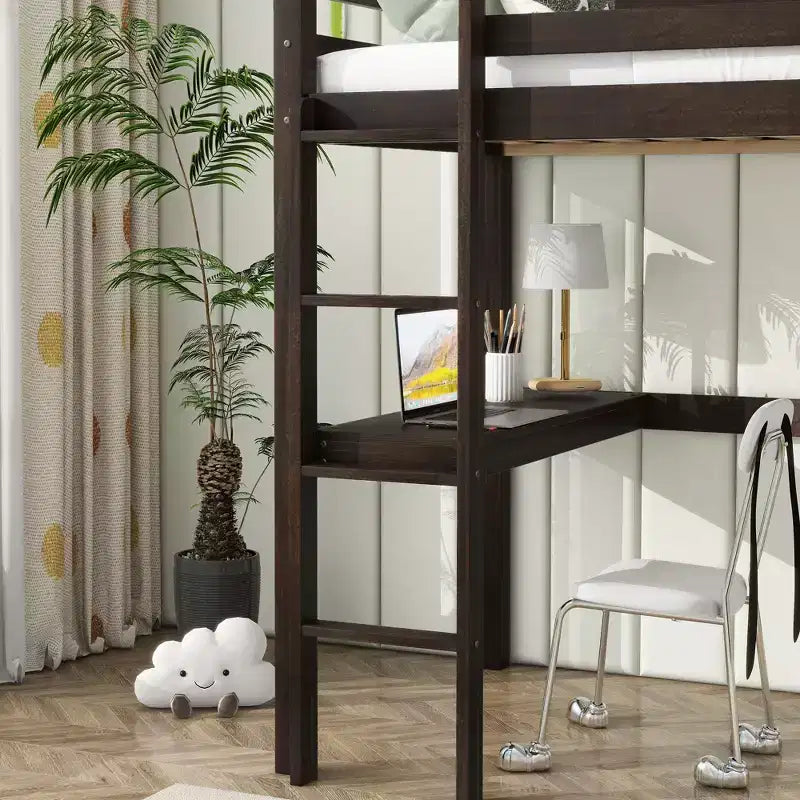 Letto a soppalco singolo marrone con scrivania, sponde di sicurezza e scaletta, 1 persona