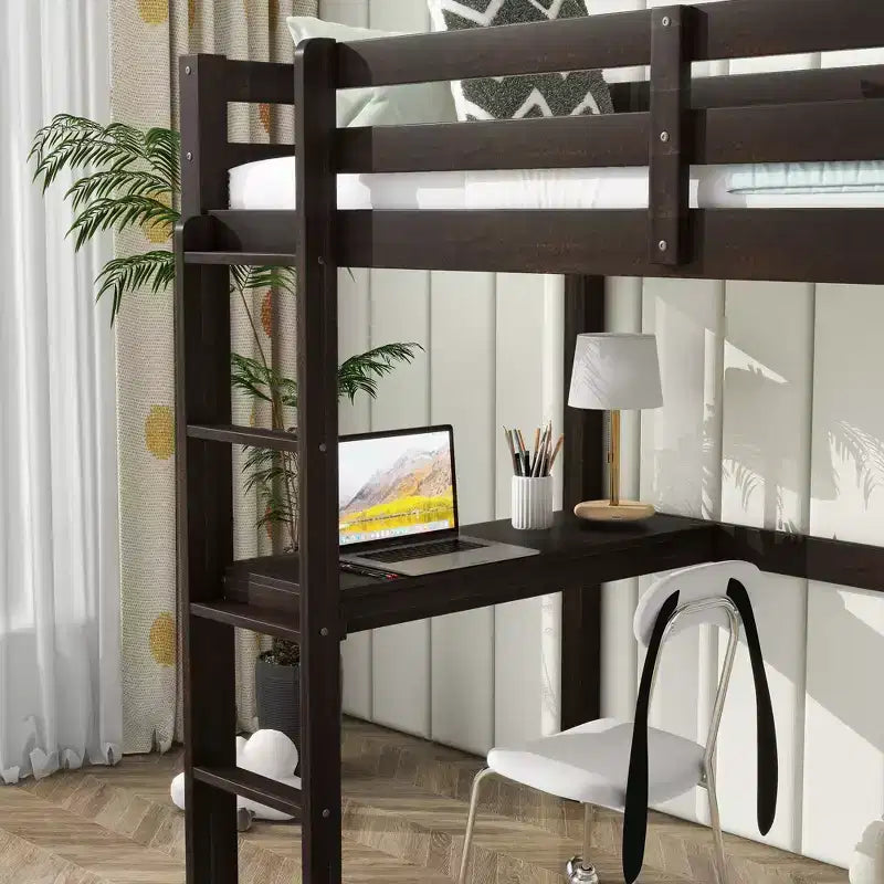Letto a soppalco singolo marrone con scrivania, sponde di sicurezza e scaletta, 1 persona