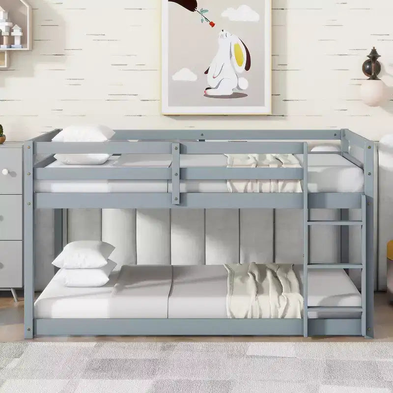 MATEERTY Solid Wooden, Twin Floor Bunk Bed wit Ladder, Upper and Bottom Bed Platforms Crafted with Stregthened Slats Gray