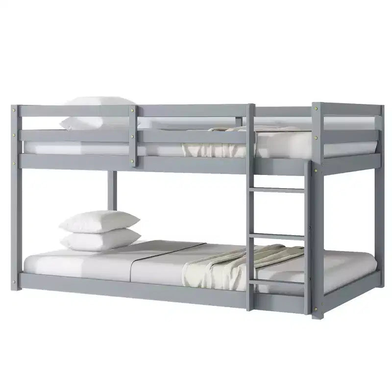 Letto a castello grigio doppio con scaletta, in legno massello, 2 posti letto