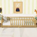 MAYEERTY Twin Floor Bed with Fence without Door, Rubber Wood Floor Guardrails Beige