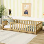 Letto a pavimento singolo beige con ringhiere, senza anta, in legno di gomma