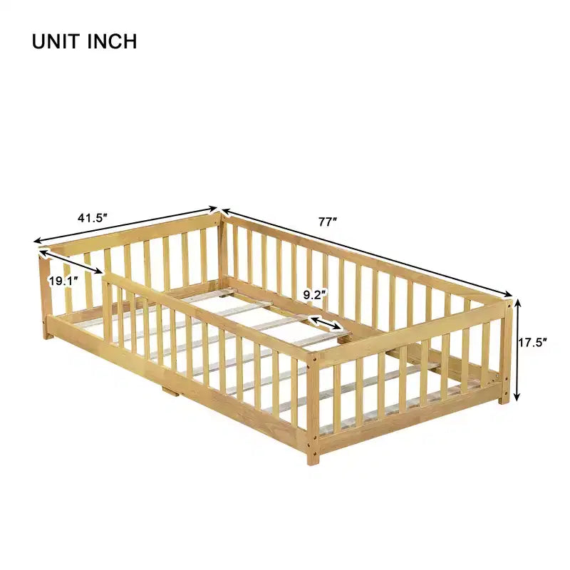 Letto a pavimento singolo beige con ringhiere, senza anta, in legno di gomma