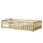 Letto a pavimento singolo beige con ringhiere, senza anta, in legno di gomma