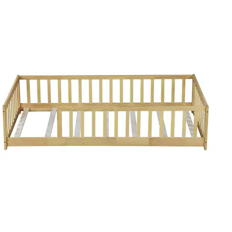 Letto a pavimento singolo beige con ringhiere, senza anta, in legno di gomma