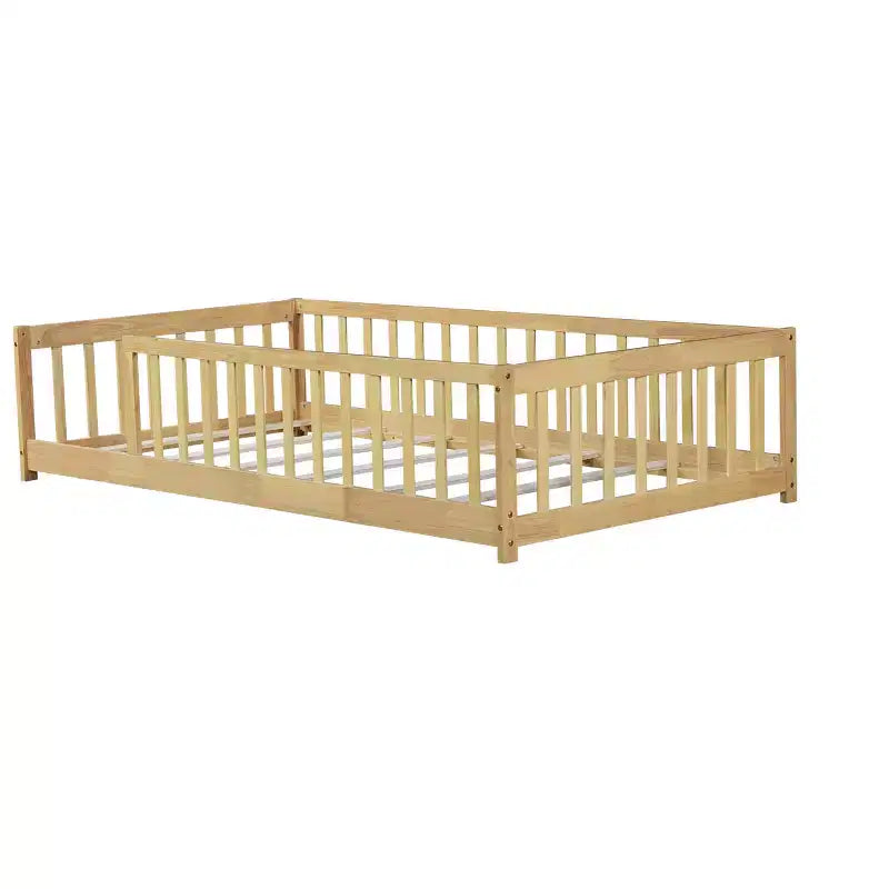 Letto a pavimento singolo beige con ringhiere, senza anta, in legno di gomma
