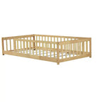 Letto a pavimento singolo beige con ringhiere, senza anta, in legno di gomma