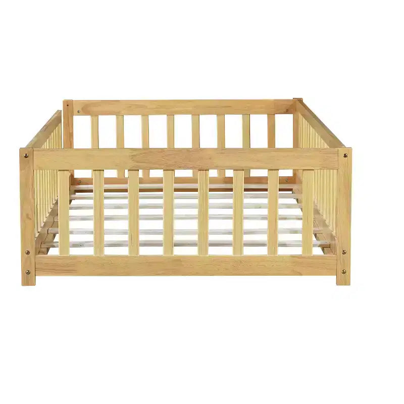 Letto a pavimento singolo beige con ringhiere, senza anta, in legno di gomma