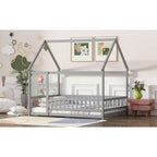 MAYEERTY Full House Floor Wooden Bed with Floor Frames, Safety Guardrails Gray
