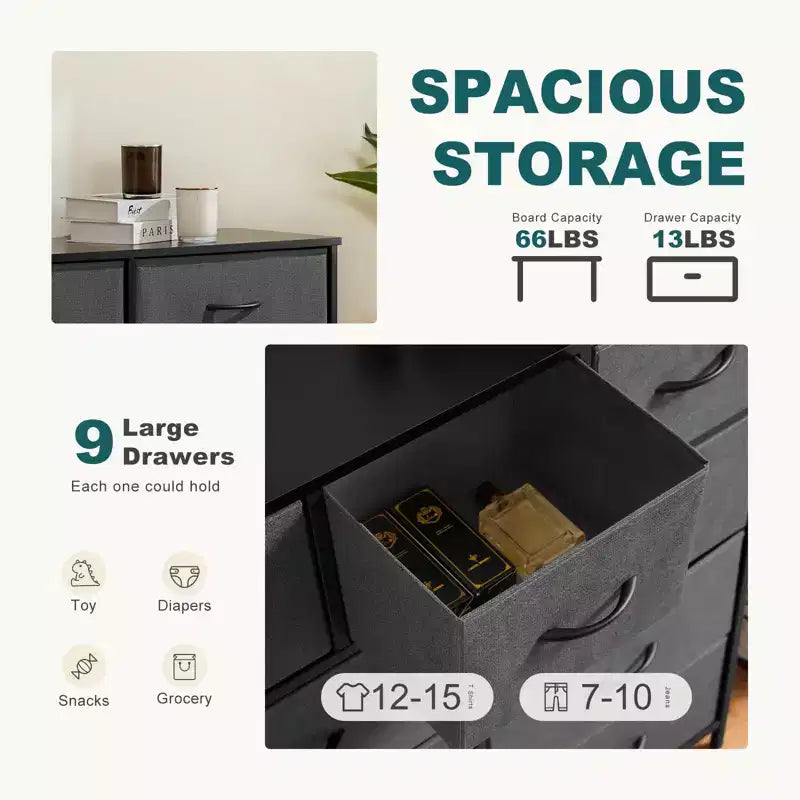Cassettiera in tessuto nero/marrone/grigio, cassettiera a 9 cassetti per adulti
