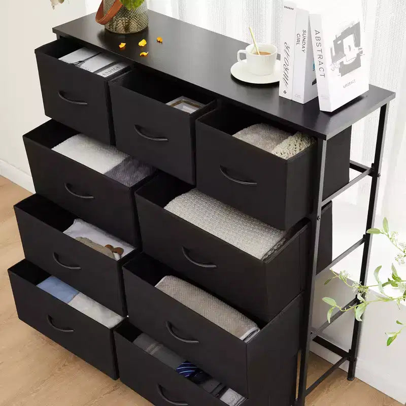 Cassettiera in tessuto nero/marrone/grigio, cassettiera a 9 cassetti per adulti