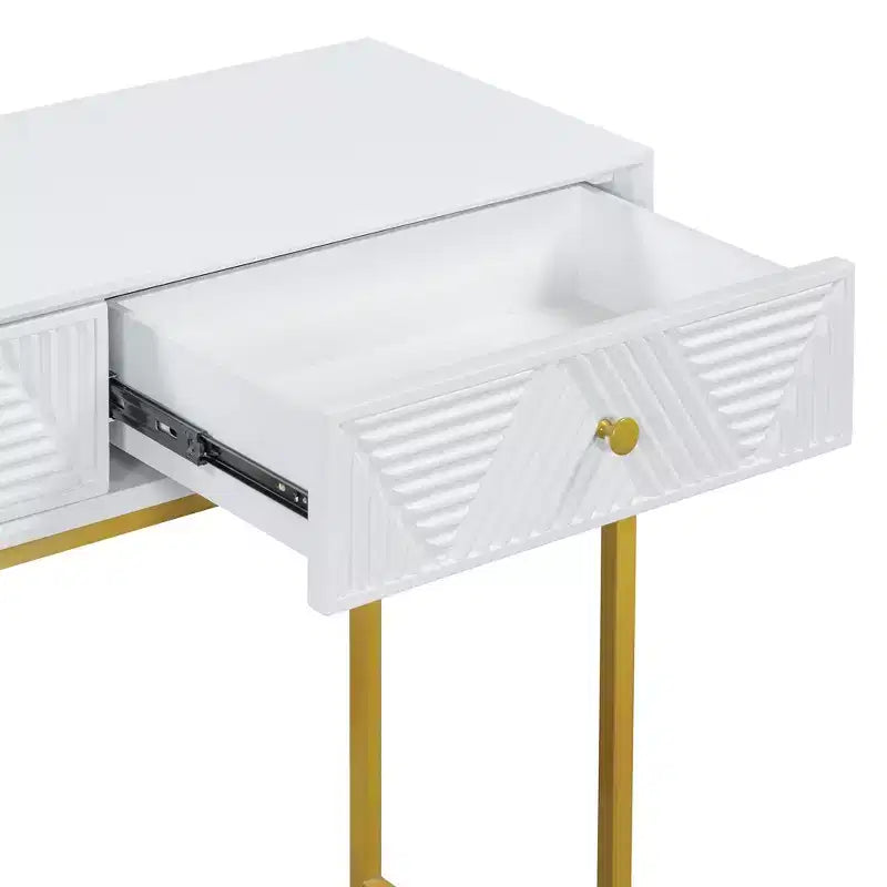 Consolle stretta bianca con 2 cassetti, design a righe, 1 pezzo