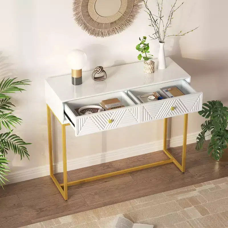 Consolle stretta bianca con 2 cassetti, design a righe, 1 pezzo