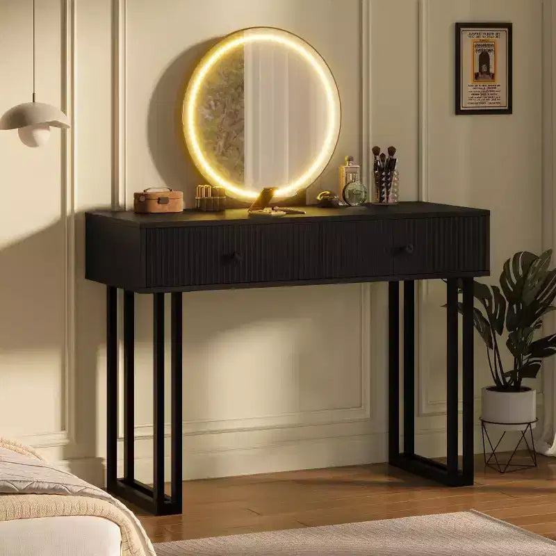 Toeletta nera/bianca con specchio, 2 cassetti e luci regolabili a 3 colori, singola