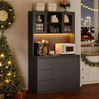 71 Tall Kitchen Pantry Cabinet with LED Lights & Power Outlets, Microwave Stand with Glass Door, Adjustable Shelves, 3 Drawers, Handless Design
