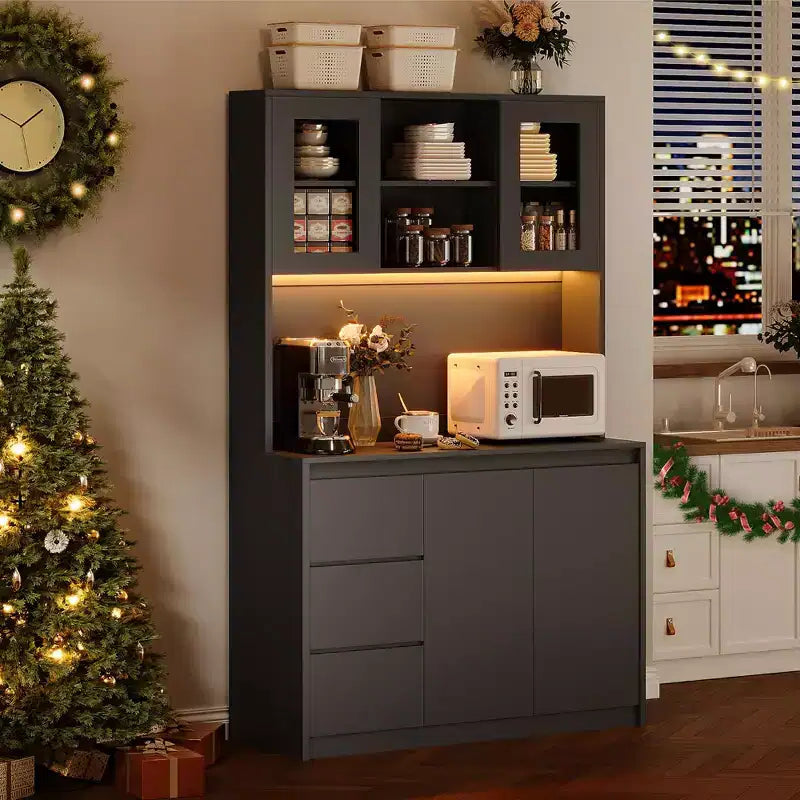 71 Tall Kitchen Pantry Cabinet with LED Lights & Power Outlets, Microwave Stand with Glass Door, Adjustable Shelves, 3 Drawers, Handless Design