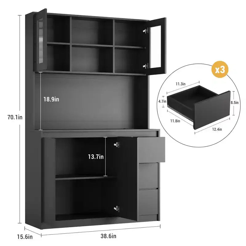 Dispensa da Cucina Nera con Luci LED, Ante in Vetro e Prese Elettriche, 3 Cassetti, Montaggio a 1 Persona