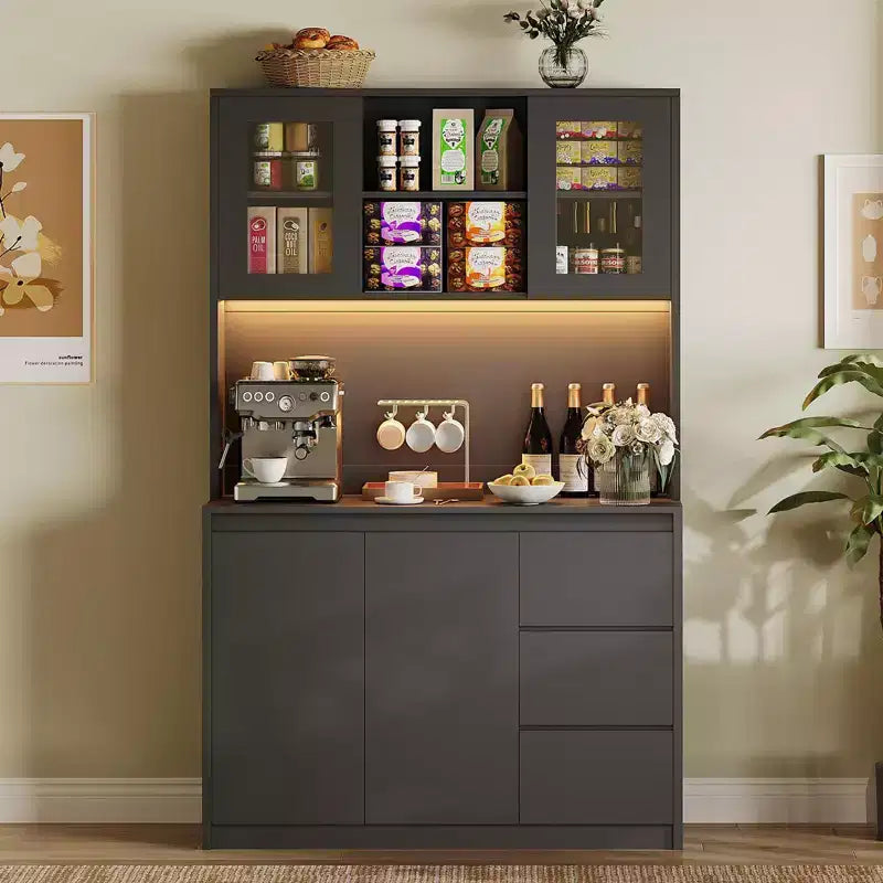 Dispensa da Cucina Nera con Luci LED, Ante in Vetro e Prese Elettriche, 3 Cassetti, Montaggio a 1 Persona