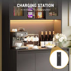 Dispensa da Cucina Nera con Luci LED, Ante in Vetro e Prese Elettriche, 3 Cassetti, Montaggio a 1 Persona