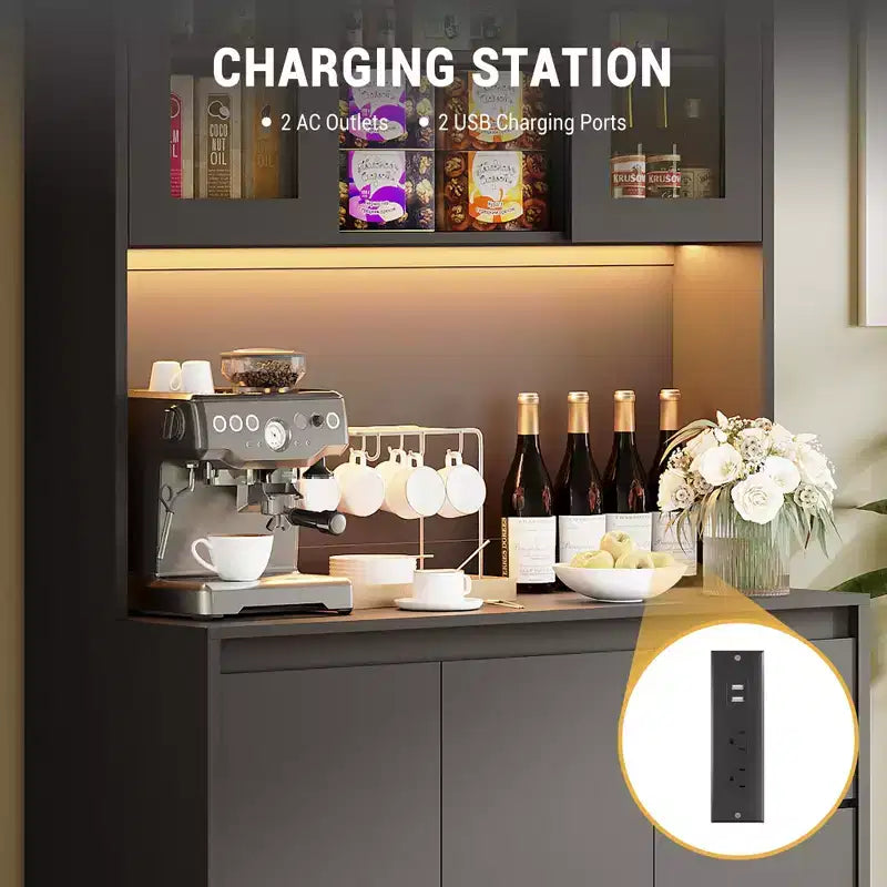 Dispensa da Cucina Nera con Luci LED, Ante in Vetro e Prese Elettriche, 3 Cassetti, Montaggio a 1 Persona