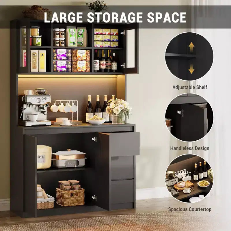 Dispensa da Cucina Nera con Luci LED, Ante in Vetro e Prese Elettriche, 3 Cassetti, Montaggio a 1 Persona