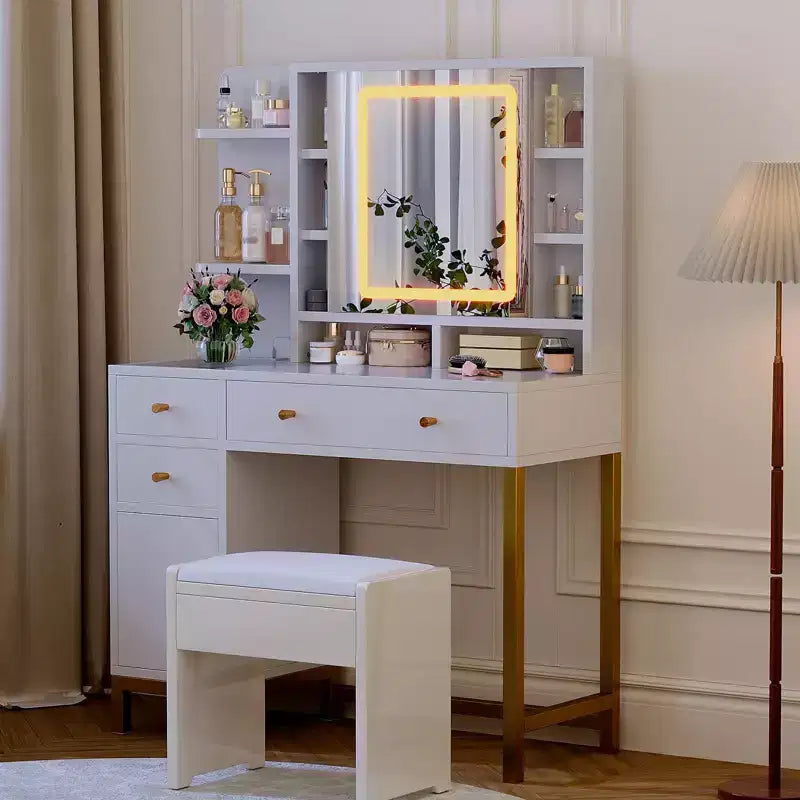 Scrivania per trucco a LED bianca con specchio, 1 persona