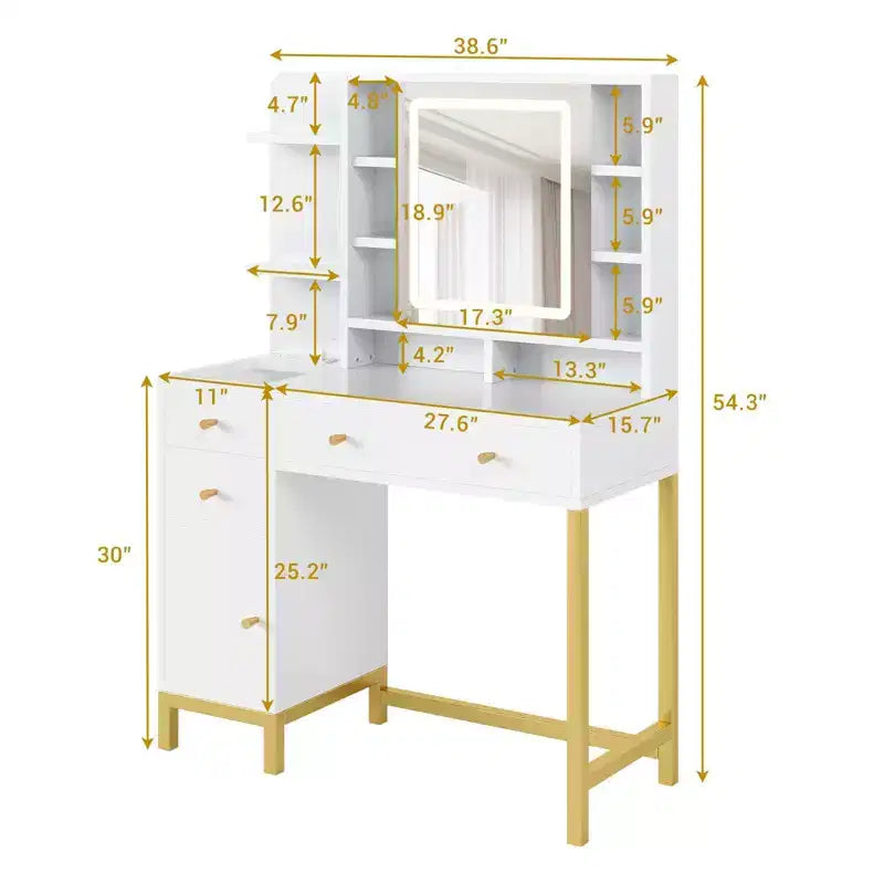 Scrivania per trucco a LED bianca con specchio, 1 persona