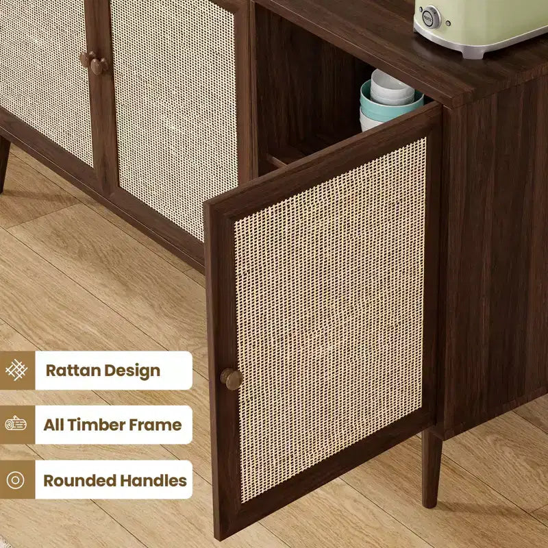 Mobiletto contenitore a 3 ante in rattan naturale con piedini regolabili