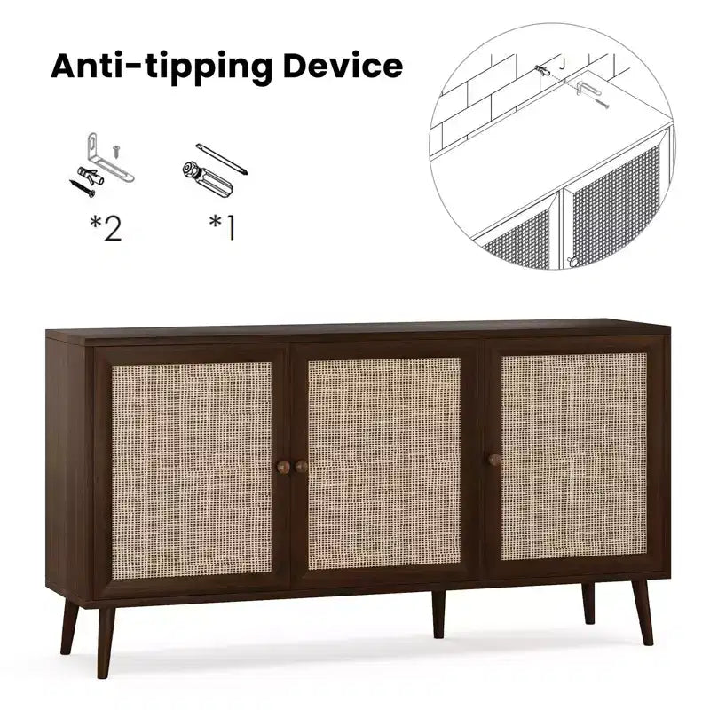 Mobiletto contenitore a 3 ante in rattan naturale con piedini regolabili