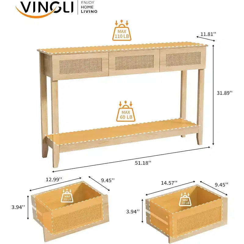 Console da tavolo in rattan giallo con cassetti e ripiano, per 1