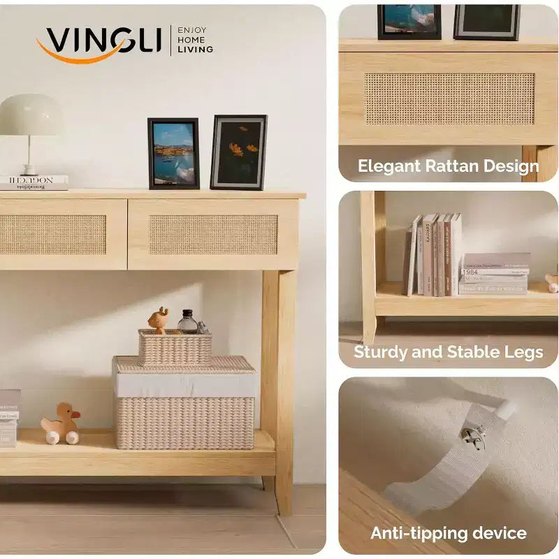 Console da tavolo in rattan giallo con cassetti e ripiano, per 1