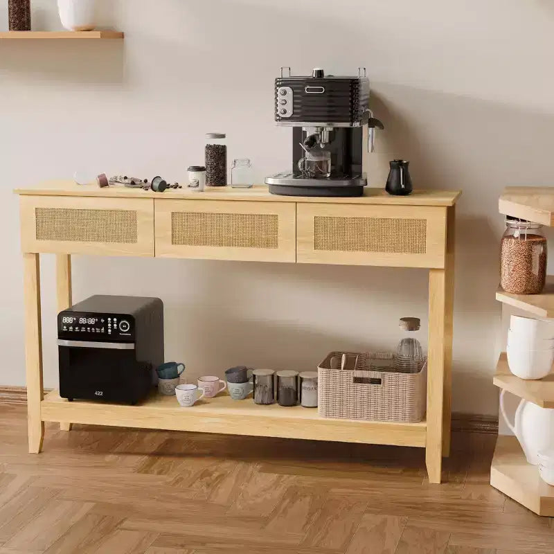 Console da tavolo in rattan giallo con cassetti e ripiano, per 1