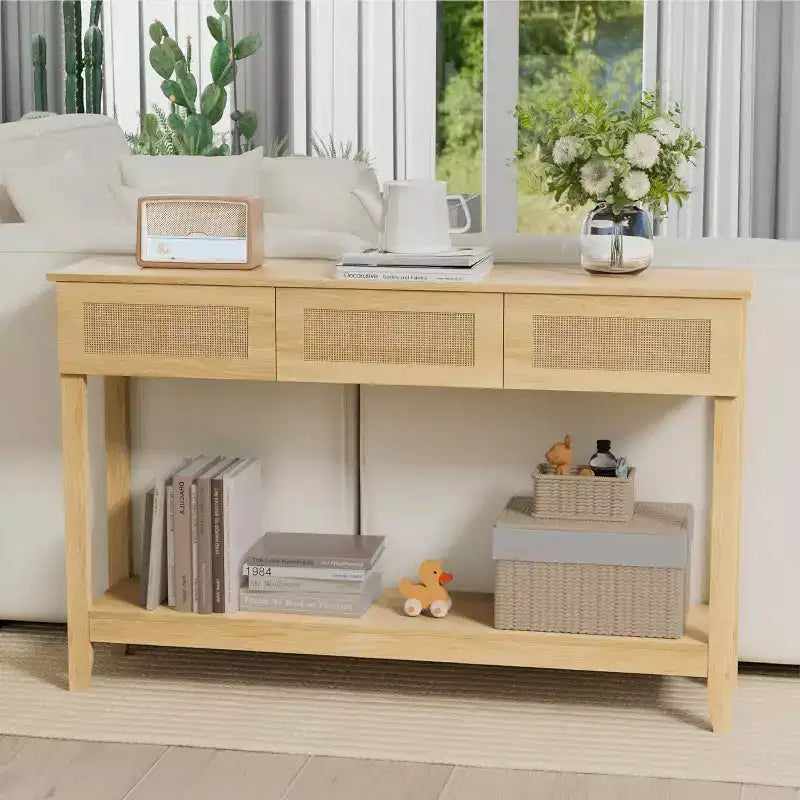 Console da tavolo in rattan giallo con cassetti e ripiano, per 1