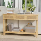 Console da tavolo in rattan giallo con cassetti e ripiano, per 1