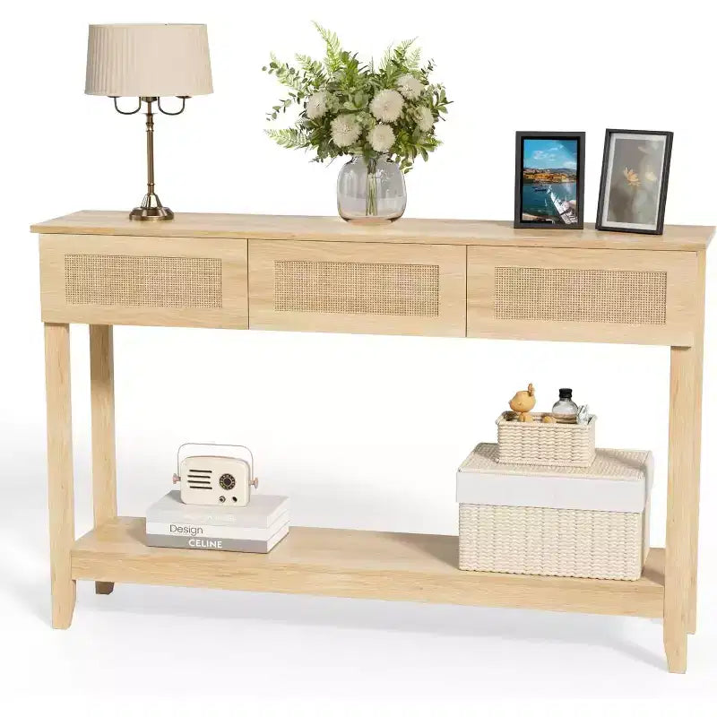 Console da tavolo in rattan giallo con cassetti e ripiano, per 1