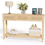 Console da tavolo in rattan giallo con cassetti e ripiano, per 1